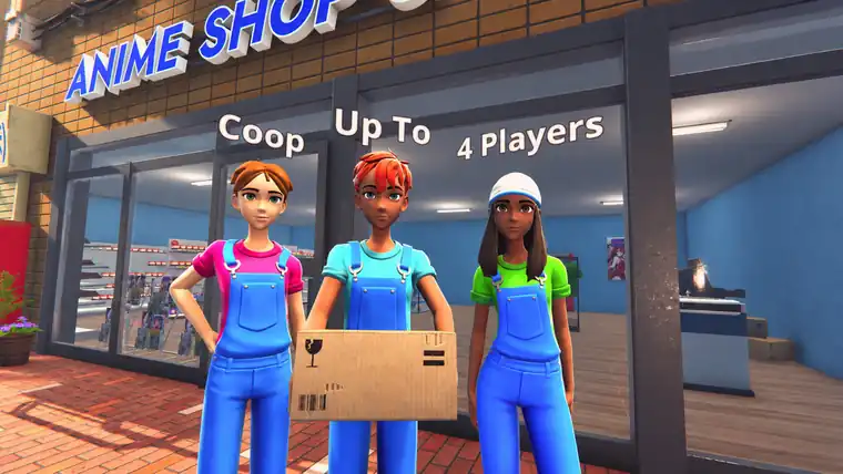 Three co-op players in overalls outside the anime shop holding a delivery box