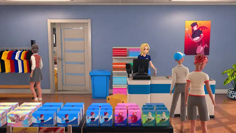 Customers queuing at the checkout past rows of Arcanis booster boxes
